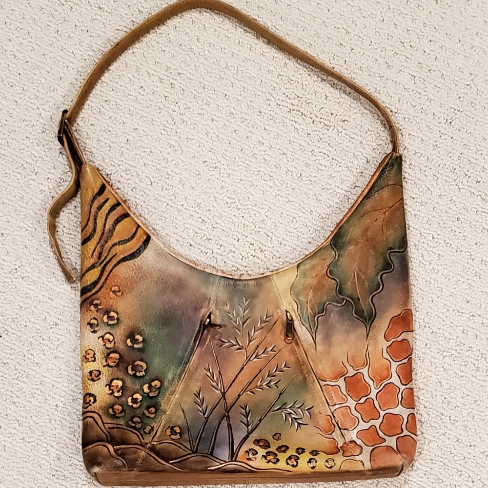 Anuschka Signed Leather Handpainted African Safari+Animal Prints Shoulder Bag
